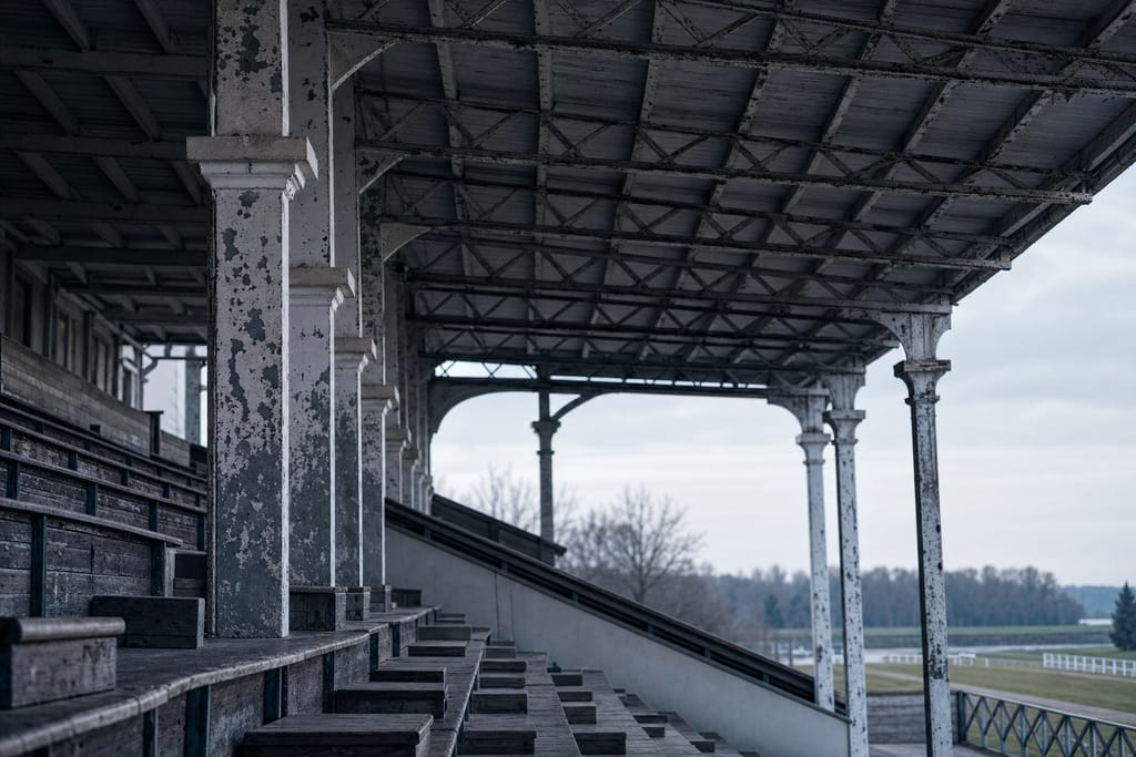 Stahlstützen und Dachbinder einer alten Rennbahntribüne, leere Holzbänke