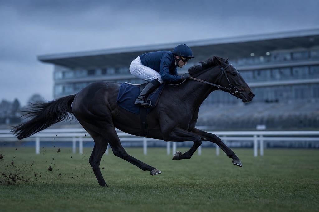 Galopper mit Reiter in vollem Galopp auf der Zielgeraden einer Grasbahn