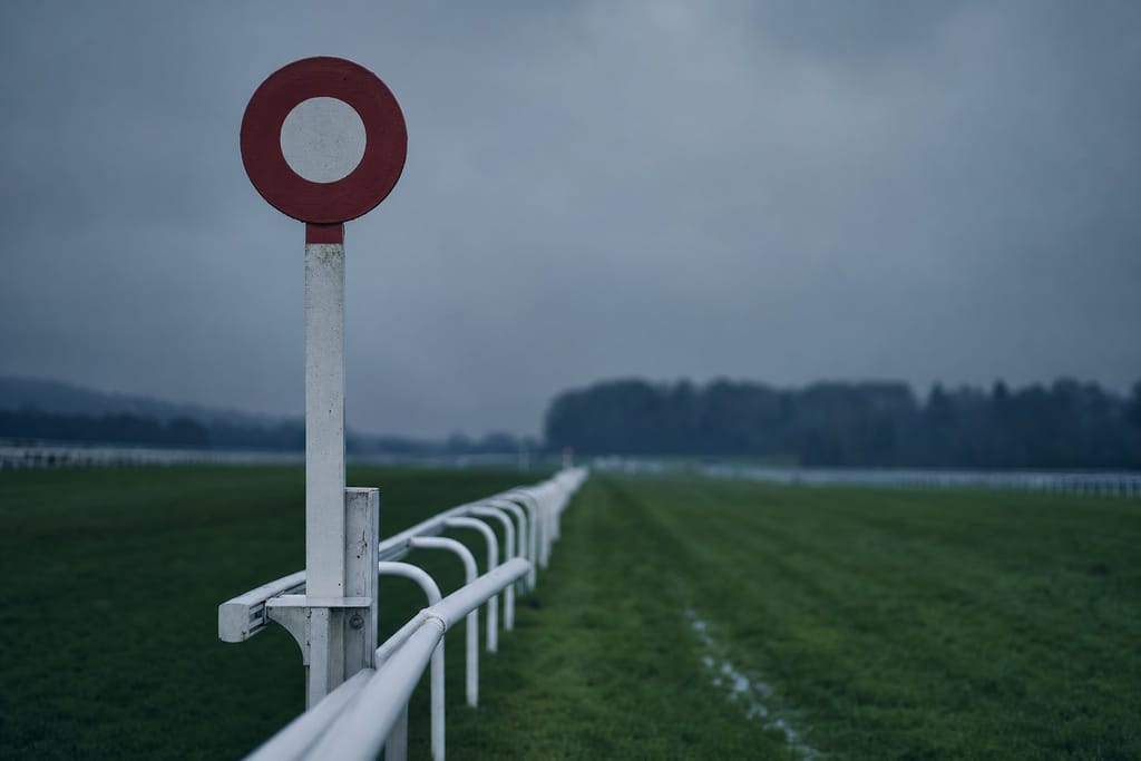 Rot-weißer Zielpfosten am Geländer einer Grasrennbahn, die Zielgerade verliert sich im Nebel